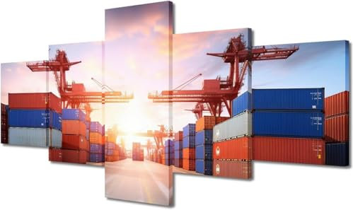 5 Stück Leinwand Wandbild Wandkunst Globaler Internationaler Transport-Frachthof-Wandcontainer | Mit Rahmen 150 X 100 Cm | Modernes Kunstwerk Gemälde Für Home Office Wohnz-528429197993