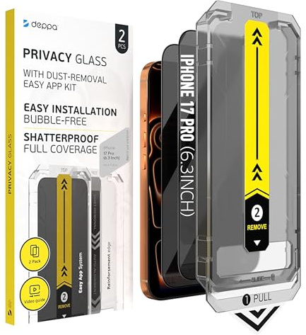 Deppa | 2 Piezas | Protector de Pantalla Privacidad iPhone 17 Pro (6,3) | Cristal Templado Antiespia con Kit de Instalación Fácil, Antiarañazos, Cobertura Completa