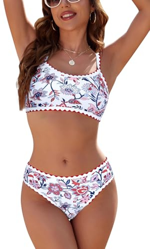 SHEKINI Damen Bikini-Set mit Blumenmuster Zweiteiliger Badeanzug mit Muschelsaum