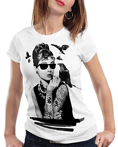 style3 Audrey Tattoo Damen T-Shirt Hollywood Film Hepburn Star, Farbe:Weiß, Größe:M