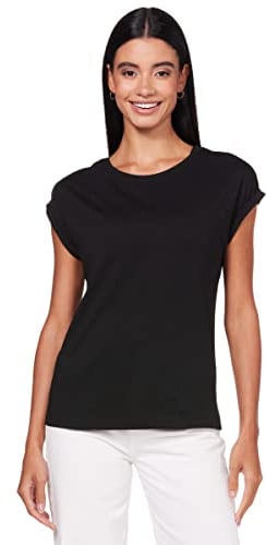 Urban Classics Women's Ladies Extended Shoulders Tee Basic T Shirt with Capsleeves Shortsleeve T Shirt Top Crew Neck, Black, M UK