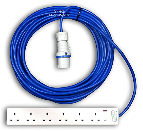 10 metre Blue Camping Hook Up/Extension Cable with 16 Amp Plug & 6 Gang Socket - Professionally assembled by MCD Electrical