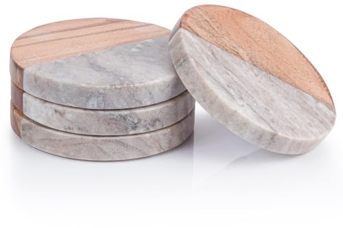 Woodluv Round Coasters Set of 4, Marble & Wooden Coasters Set Non-Slip Coasters for Drinks, Coffee Pads Beer Bar Mat