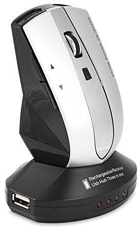 Bewinner Kabellose Maus wiederaufladbar, 2,4 GHz wiederaufladbare kabellose optische Maus 6 Tasten einstellbare DPI-Gaming-Mäuse mit Ladestation 3-Port-USB-Hub & -Halter(Schwarz + Silber)