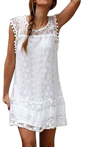 OverDose Soldes Robe Dentelle Femme Courte Été, Sexy sans Manches Chic Mode Robes de Soirée Cocktail Blanche XL 40