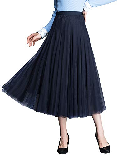 Edler Tüllrock Midirock für Damen Mädchen A Linie Elastischer Hoher Bund Großer Saum Prinzessin Rock - Einfarbig Navy Blau