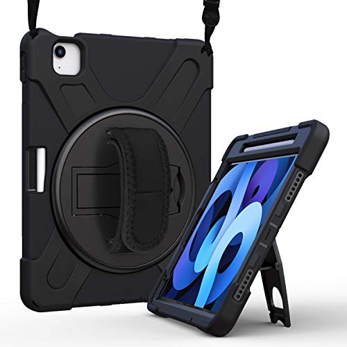 FONREST Robuste Schutzhülle für iPad-Air-5. Generation (2022) mit Bleistifthalter, für iPad-Pro-11'' Stoßfeste Hybrid-Fall mit Ständer, Handgriff, Schultergurt PC + Silikon Cover A2588 (Schwarz)