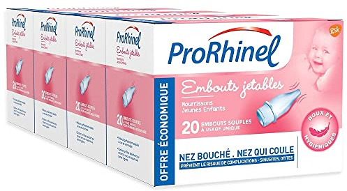PRORHINEL - Embouts Jetables Souples Pour Mouche Bébé Manuel - Lavage Nez Bouché, Nez Qui Coule - Doux & Hygiéniques - Facile À Utiliser - Dès la Naissance - Fabriqué En France - Lot 4 x 20 Embouts