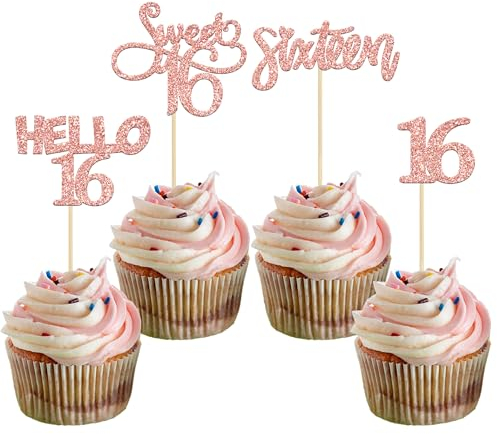 Gyufise 24Pcs Rose Gold Glitter 16th Birthday Cupcake Toppers Sweet 16 Cake Toppers Hello 16 Sixteen Cupcake Picks for 16th Birthday Cake Decorations Supplies