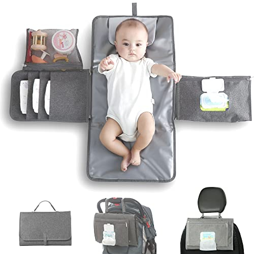 JanYoo Baby Portable Changing Pad with Wipes Pocket for Diaper Bag Wipeable Waterproof Newborn Travel Mat Shower Gifts (Solid Gray)