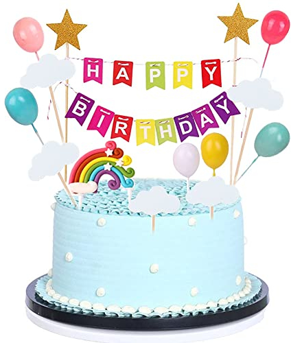 Morofme Regenbogen-Tortenaufsatz 13 Stück alles Gute zum Geburtstag Kuchen Flagge Banner bunt Regenbogen Wolken Ballon Kugel Kuchen Cupcake-Aufsatz bunte Regenbogen-Kuchendekoration