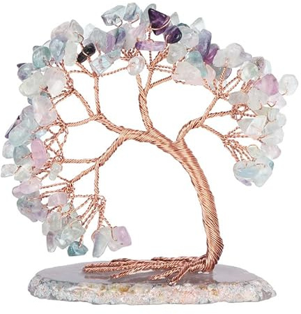 sumgiftforall Handmade Crystal Money Tree on Agate Slice Tree of Life Bonsai Tree Home Office Decoration Birthday, Fluorite