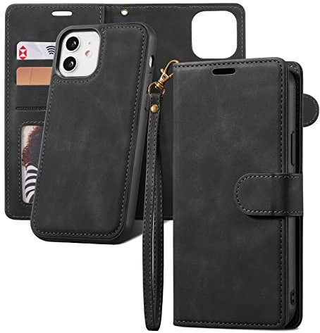 QLTYPRI Case for iPhone 12/12 Pro,2 in 1 Detachable Wallet Case PU Leather with [Card Slots] [Kickstand][Wrist Strap][Magnetic Closure] Shockproof Flip Cover for iPhone 12/12 Pro(6.1 inch)-Retro Black