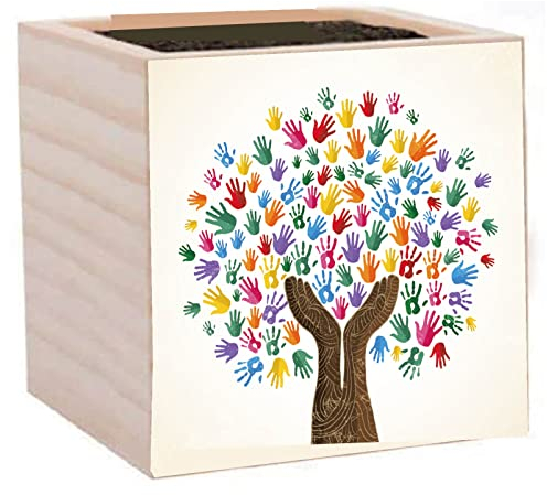CREATCABIN - Maceta de Árbol de la Vida, Cubo de Madera, Maceta Cuadrada, Pequeña, Rústica, Decoración de Escritorio, Palma Decorativa para Jardín, Interior, Exterior, Plantas, Profesor, Oficina, Rega