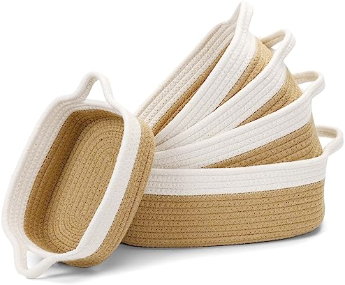 Cinnani Cestas Almacenaje Tejidas con Cuerda de Algodón Juego de 5, Cestas Almacenaje Bebe, Cestos Organizadores, Cestas Organizadoras para Salones, Armarios, Juguetes y Baño (Blanco/Amarillo)