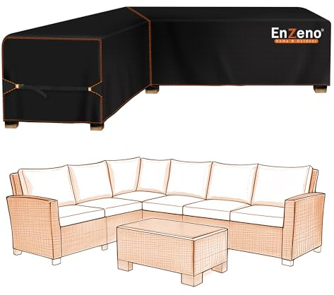 Enzeno Garden L-Shape Furniture Cover Waterproof,420D Oxford Fabric outdoor garden sofa covers, Rattan Corner Sofa Cover with Waterproof Tape (210x260x87cm) Right Side Long