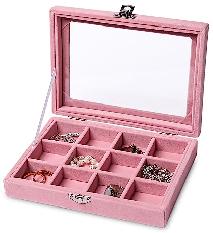 Frebeauty Schmuck-Organizer-Tablett mit transparentem Deckel, Samt-Schubladeneinsatz, Schmuck-Aufbewahrungsbox mit transparentem Deckel, Schmuckvitrine,Geschenk für Frauen (Rosa, 12 Fächer)