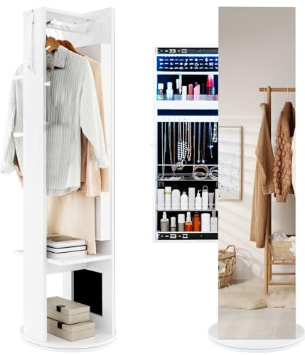 HOMASIS Schmuckschrank mit Ganzkörperspiegel, freistehender Kleiderschrank mit LED-Lichtern, 360° drehbar Spiegelschrank für Kleidung Schmuck & Kosmetik, Schmuck-Organizer Schmuckaufbewahrung Weiß
