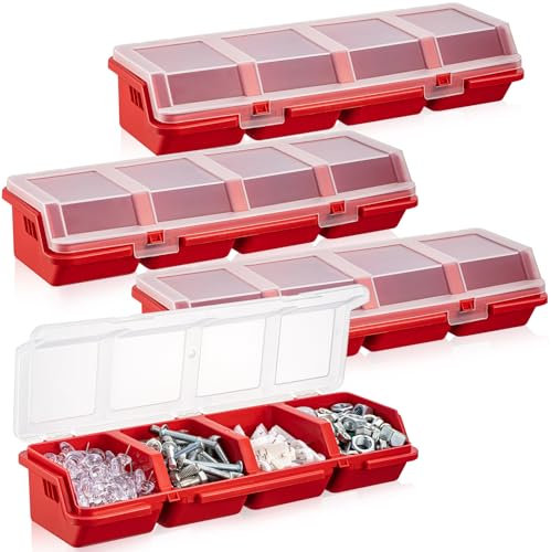 Hushee 4 Pcs Red Plastic Screw Organizers and Storage Bins with Locks, 4 Compartments, 12.2 x 4.1 x 2.5 Inches Each, Ideal for Tools, Nails, Small Parts