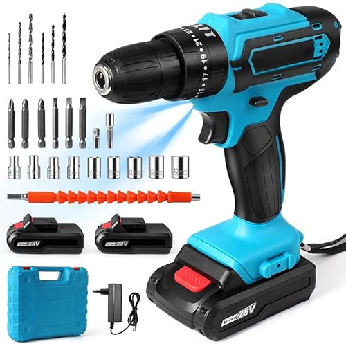 Yeascatti - Taladro atornillador inalámbrico de 28 V, destornillador desatornillador inalámbrico con 2 baterías + 24 accesorios, 25+3 ajustes de par LED para bricolaje