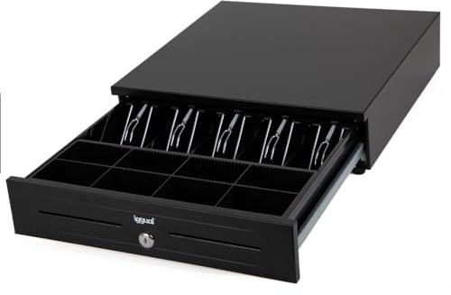 iggua -Tiroir Porte-monnaie IRON-HD -Caisse Enregistreuse Manuelle ou Automatique pour 5 Billets+8 Pièces -Serrure à 3 Positions -Intérieur et Extérieur en Acier -Professionel -Noir (41,5x41x10)