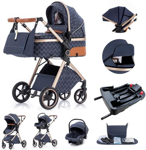 Gcarebb 3 in 1 Kinderwagen Reisesystem Mit Isofix Base, Buggy Mit Auto Babyschale, Mit Höhenverstellbarer Kinderwagen Komplettset, KombiKinderwagen Mit Aluminiumrahmen für Neugeborene 0 bis 3 Jahre