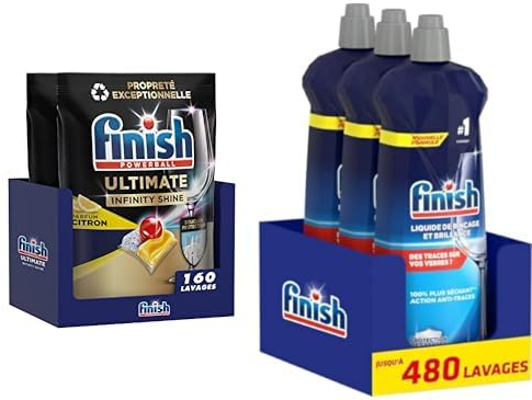 Finish Ultimate Infinity Shine Citron x160 Capsules Lave-Vaisselle + Liquide de Rinçage Brillance et Séchage x3 Produit Lava-Vaisselle