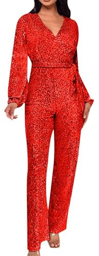 Damen Jumpsuit Glitzer Elegant Langarm V-Ausschnitt Lang Overall Pailletten Hosenanzug Playsuit mit Gürtel Romper