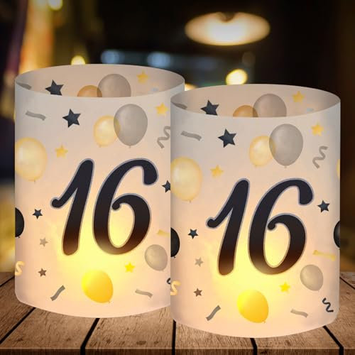 12 Windlicht Tischdeko 16 Geburtstag, Deko 16 Geburtstag Junge, Geburtstagsdeko 16 Junge, 16 Jahre Happy Birthday Tischdeko Schwarzes Gold, Geeignet für Teelichter oder Kerzen