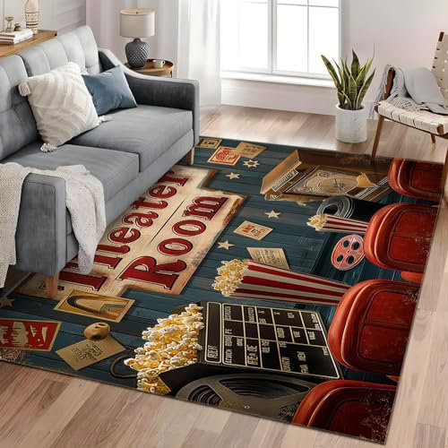Waschbarer Kino-Popcorn Und Filmrolle Im Vintage-Stil Teppich - rutschfest, Kurzflor, Flauschig Zusammenklappbar Schmutzabweisend- Teppich Für Wohnzimmer und Schlafzimmer Spielzimmer 140cm x 200cm