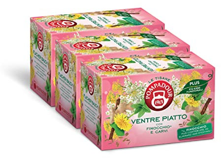 Pompadour, Tisana Ventre Piatto PLUS con Finocchio e Carvi, 54 Filtri (3 Confezioni da 18 Filtri), Contribuisce a Ridurre il Gonfiore e ad Eliminare i Gas in Eccesso, Senza Lattosio, Glutine, Vegan
