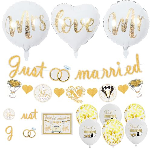 Sonwaha Just Married Girlande, Hochzeitsdeko mit 9 Ballons, Gold, Ideal für Hochzeiten & Brautdusche