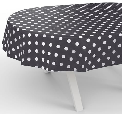 ANRO Wachstuchtischdecke Wachstischdecke Wachstuch Tischdecke abwaschbar Gartentischdecke Wasserabweisend Oval 200x140cm Schnittkante Punkte Grau
