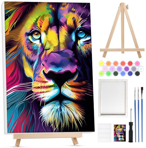 Lxmsja Lion Peinture Numero Enfant Adulte avec Cadre, avec Chevalet en Bois, Peinture par Numero Adulte Animaux, Numéro d'art avec Pinceaux, Loisirs Créatifs Activité Manuelle Adultes, 20x30cm