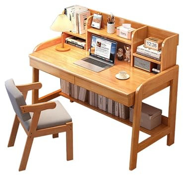 Computertisch Aus Massivholz Mit Aufsatz, Home-Office-Schreibtisch, Arbeitszimmer-Schreibtisch Mit Regalen Für Kleine Räume, Platzsparender PC-Arbeitstisch Für Schlafzimmer Und Wohnung,Wood,100cm