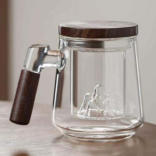 JanYoo Glas Teetasse mit Deckel und Sieb, 500ml Teetassen Groß Holzgriff Teebecher Teeglas aus Borosilikat Glas Tasse mit Teesieb für Losen Tee/Teeliebhaber/Tee Geschenke (Transparent)