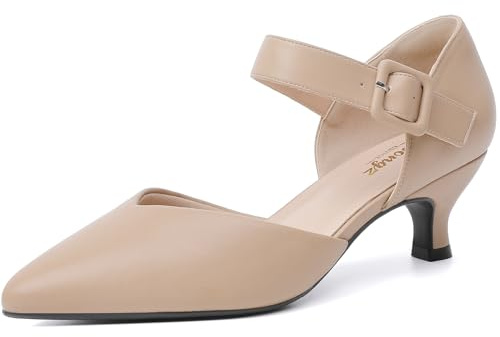 RIBONGZ Comfortable Kitten Heels for Women Pointed Closed Toe Ankle Strap Buckle Heels Slip on Low Heel Church Pumps Wedding Bridal Party Dressy Shoes, Nude, 4.5 UK