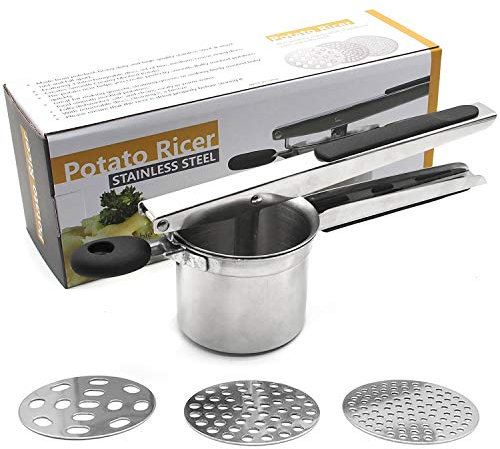 Potato Ricer Masher Stainless Steel for Mashed Potatoes Spaetzle Maker Kitchen Tool with 3 Interchangeable Fineness Discs for Potatoes Vegetables Lemon Orange Watermelon Squeezer
