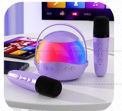 Mini Karaoke Machine for Kids,Karaoke Toys with 2 Wireless Microphones,Portable Bluetooth Speaker with Voice Changing Effects & LED Lights,Eliminate Original Sound,Gifts For Girls Boys Toddlers Pink