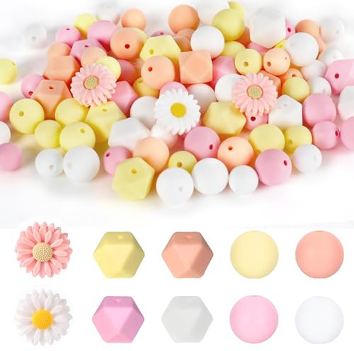 Jortmrd 100 Pièces Perles en Silicone Fleur Marguerite pour Bricolage Porte-Clés Bracelets Collier Fabrication de Bijoux (4 Couleurs)
