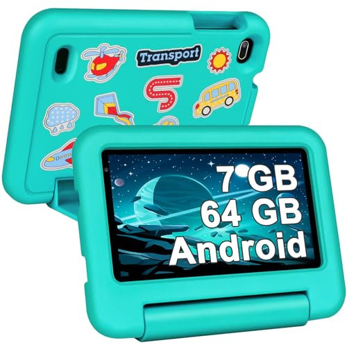 BIEGEDY Tablet Niños Android,Kids Tablet 7 Pulgadas 7GB RAM + 64GB ROM + TF 1TB,Control Parental | Educación Infantil + Juegos | Cámara Dual | Bluetooth 5.0 | 1024 * 600,Tbalet con Funda EVA Verde