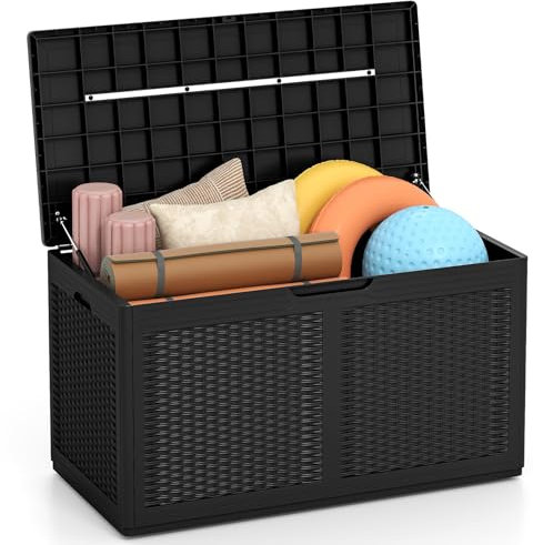 GIANTEX Coffre de Jardin Extérieur en PP 380 L, Coffre de Rangement Étanche avec Couvercle, 2 Roulettes, Poignées Latérales, Caisse de Rangement Extérieur Pour Balcon, Terrasse, Arrière-Cour, Noir