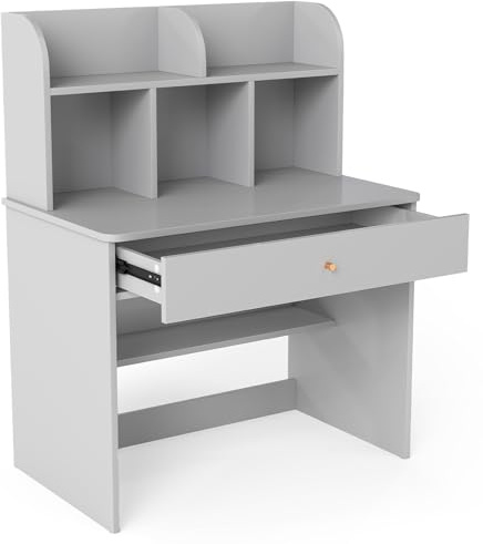 LIFEZEAL Scrivania per Bambini 3+Anni, Scrivania Cameretta, 80x48 cm, con Cassetto, Libreria, Porta PC, Computer, Banco Scuola, Tavolo da Studio, in Legno, Giocare, Studiare, Multiattività (grigio)