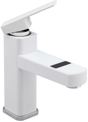 Digitale Wasserhahn mit LED Temperaturanzeige, Bad Einhebel-Waschtischarmatur, Heiß- und Kaltwasserhahn, Keramikspule (Weiß)