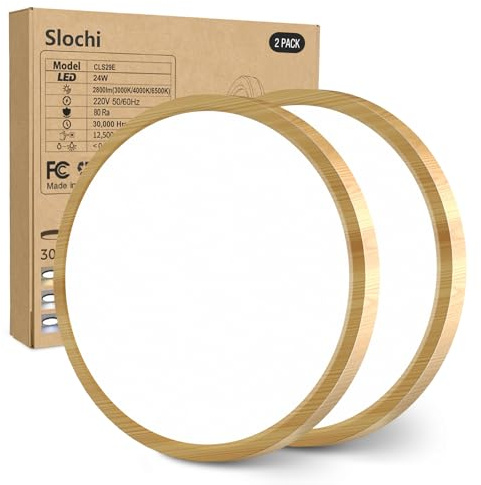 slochi LED Deckenleuchte Flach 24W 2800LM, 3Farben - 3000K/4000K/6500K, Ø30CM Deckenlampe IP54 Wasserfest Rund Badlampe, LED Lampen für küche Badezimmer Schlafzimmer Flur Wohnzimmer, 2Stück Wooden