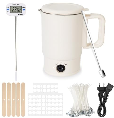 Derretidor de Cera Eléctrica para Hacer Velas, Fundidor de Cera para Vela | Kit para Hacer Velas Olla de Fusión de Cera, Termómetro, Mechas de Vela, Pegatinas para Mechas de Vela, Soporte y Cuchara
