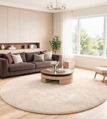 ROHATIM Teppich rund 160 cm Beige, Kunstfell, flauschig, waschbar | maschinenwaschbar, Kaninchenfell-Optik, ultraweicher Flor, rutschfeste Rückseite, OEKO-TEX, für Schlafzimmer und Wohnzimmer
