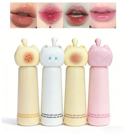 Grospe 4-Piece Hydrating Lip Gloss Set, Cute Cat Jelly Lip Glaze Plumping Lip Stain, Long-Lasting Moisturizing Glossy Korean Liquid Lipsticks, Makeup Gift for Women Girl