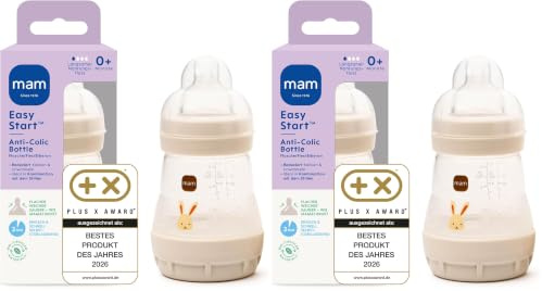 MAM Easy Start Anti-Colic Babyflasche | 0+ Mon | Testsieger | Milchflasche für Neugeborene | 94% Akzeptanz & 80% weniger Koliken | stillfreundliche Trinkflasche für Babys | Sauger Gr. 1 | 160ml | Hase