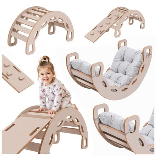 MISIOO Klettergerüst Indoor ab 1 Jahr, Montessori Kletterbogen 4in1 mit Rutsche, Kletterwand & Kissen, Holz Spielzeug für Baby und Kinder